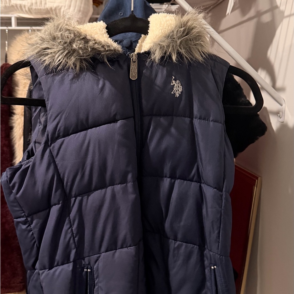 USPOLO Navy Blue Puffer Vest with Faux Fur Hood
